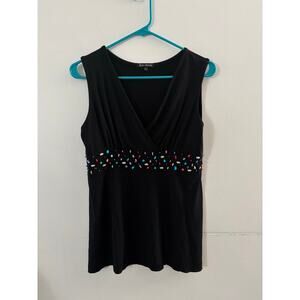 Zen Knits Womens Babydoll Beaded Tank Size Large Black Y2K Artsy Sleeveless
